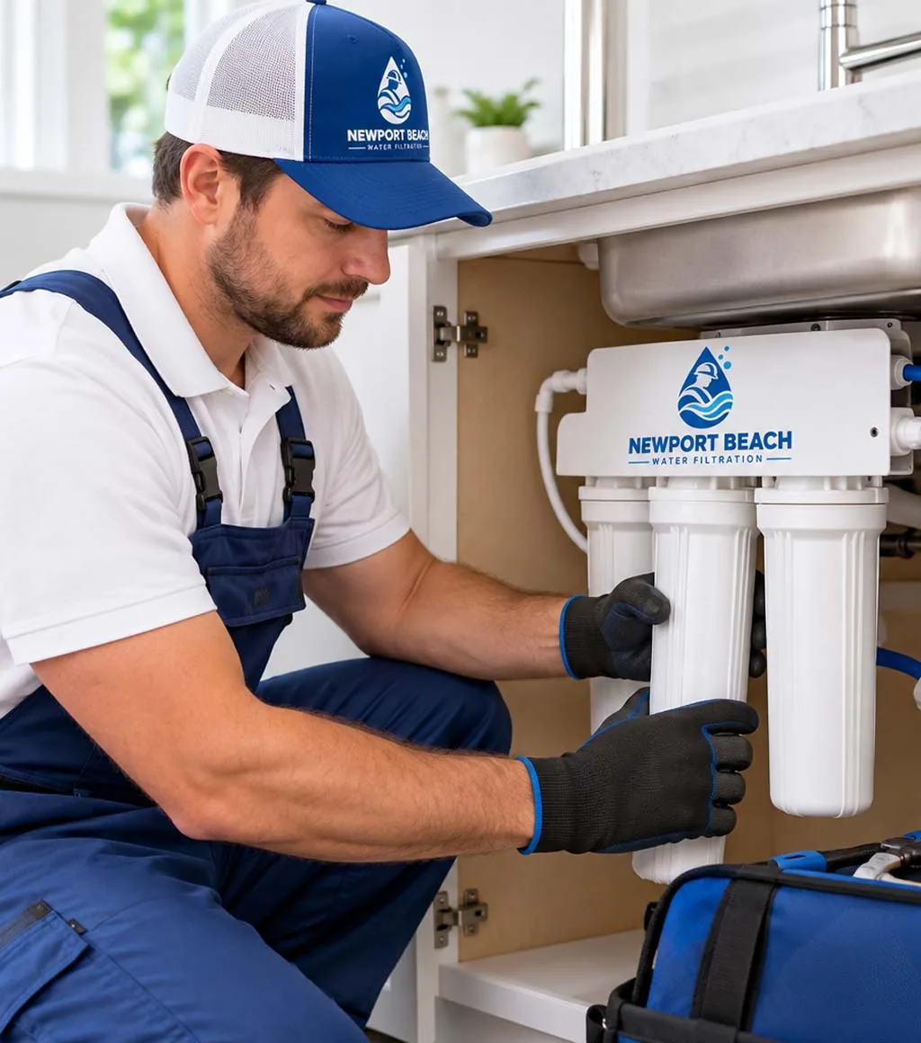 Reverse Osmosis vs. Carbon Filter at the Newport Beach Kitchen Sink Reverse osmosis vs. carbon filter choice at a Newport Beach kitchen sink, with a technician fitting an under-sink filtration system